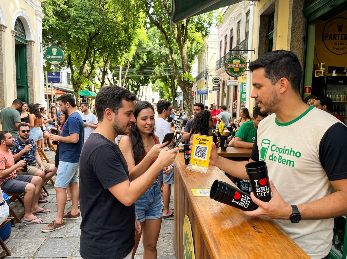 Cena de bar de esquina em rua arborizada durante o dia, atendente usando camisa com logo do Copinho do Bem (copo verde com coração), segurando copos reutilizáveis pretos com design _EU ❤️ BEL CITY_ de 400 (1).jpg